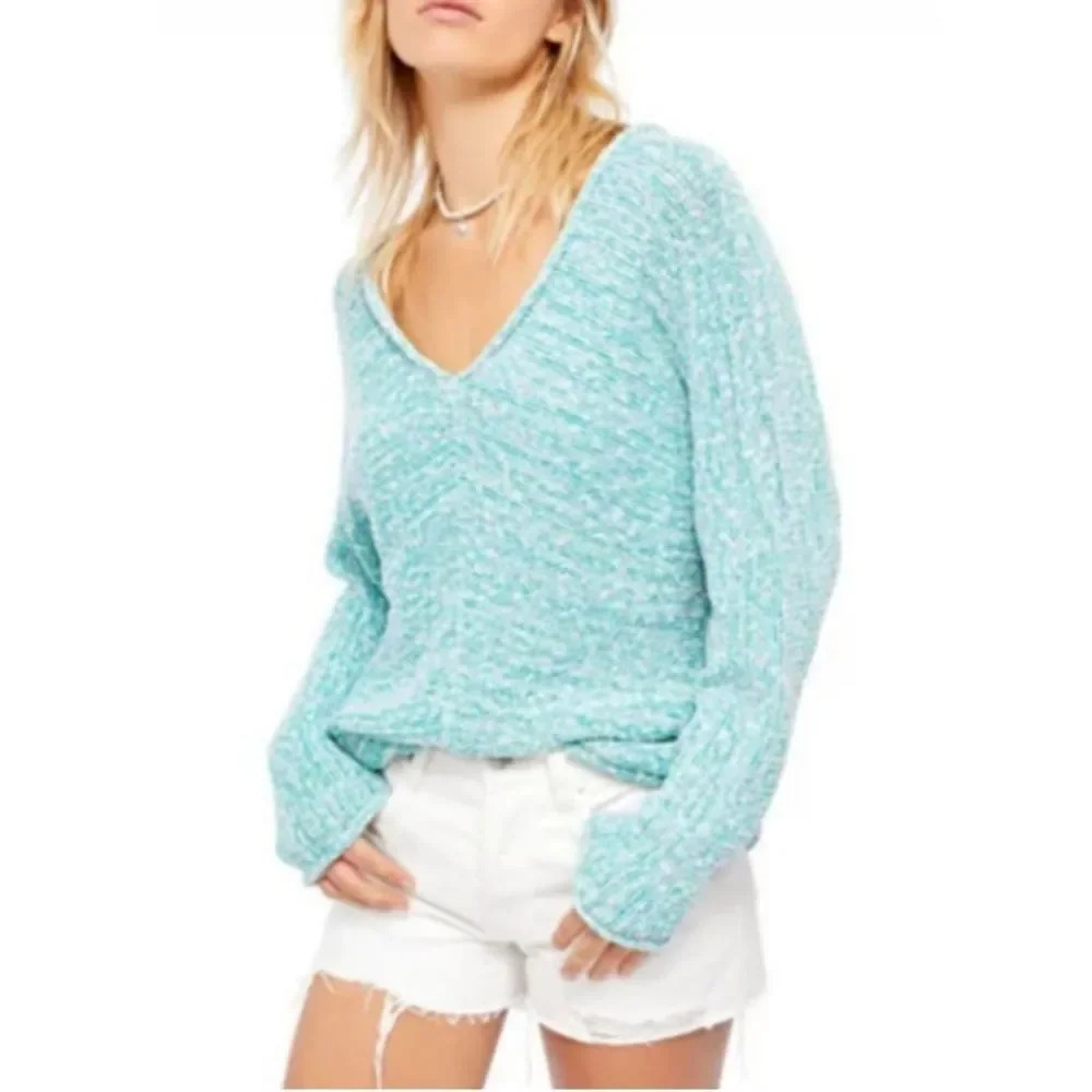 Free People Bright Lights V-Neck Sweater in Adriatic Sea Size Small